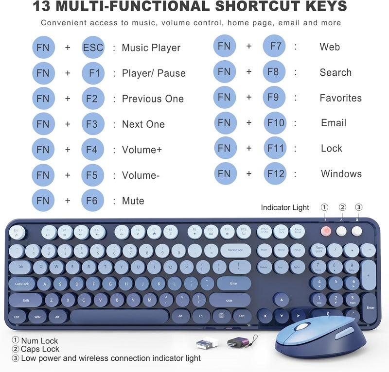 SkyGive Wireless Keyboard and Mouse Combo, Ergonomic Full Size Typewriter Retro Round Keycaps Keyboard, Compatible with Windows, PC, Perfer for Home and Office Keyboards (Twilight Blue - Image 4